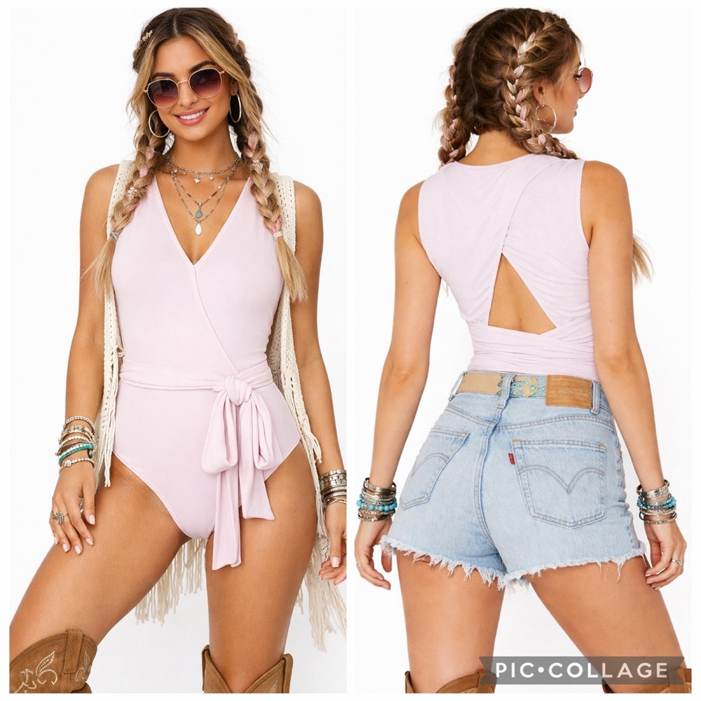 BCBGeneration Lilac Surplice Wrap Open Back Bodysuit Tie Waist NWT
